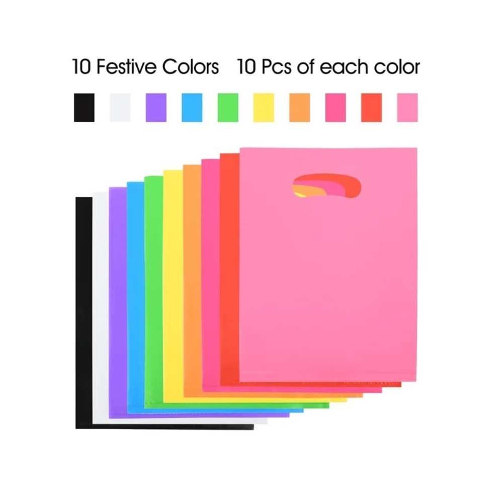 NEW Party Favor Bags 6x8 Multicolor 100-Pack Die-Cut Handles Goodie Bags